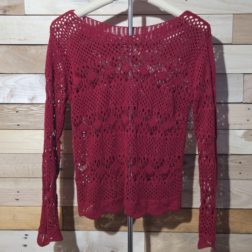 Women’s Burgundy Crochet Knit Sweater Boho Open Knit  Festival